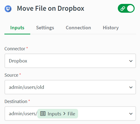 move file block with dropbox connection, source path and destination path shown