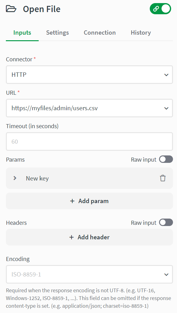 Open file block using HTTP input showing URL