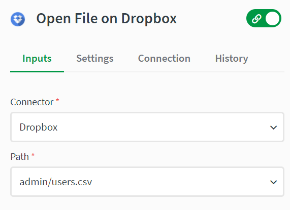 open file block using Dropbox connection and showing path