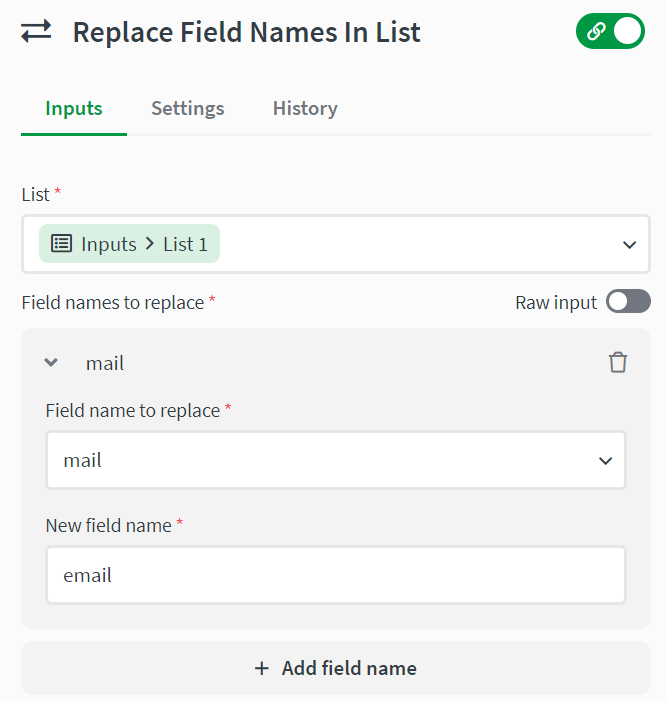 replace field names in list input