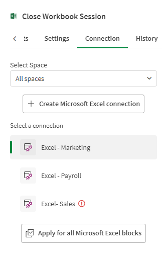 Block configuration pane showing the connection options