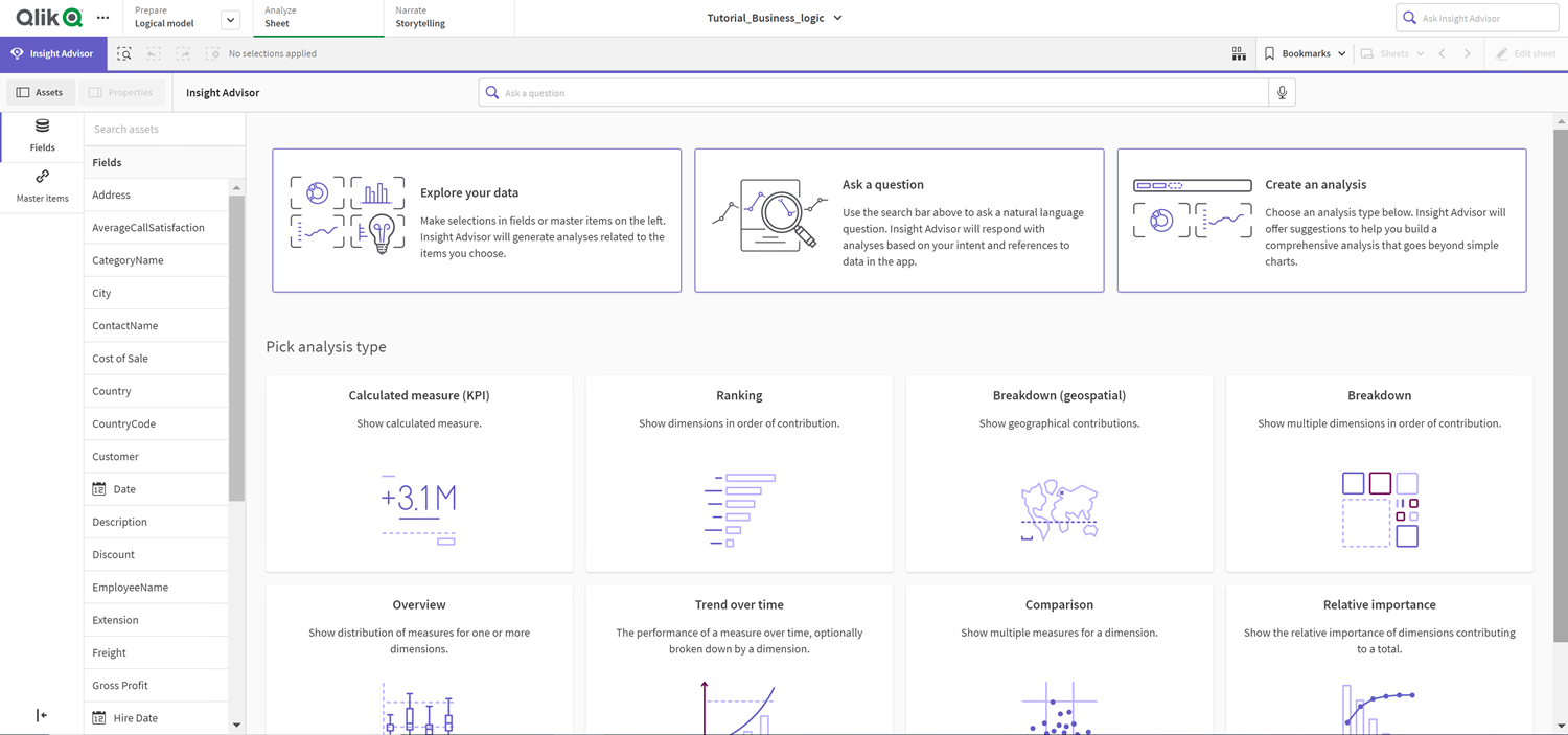 Click to view full size Insight advisor with business logic applied. The Assets panel has hidden many fields that were not relevant from analysis.