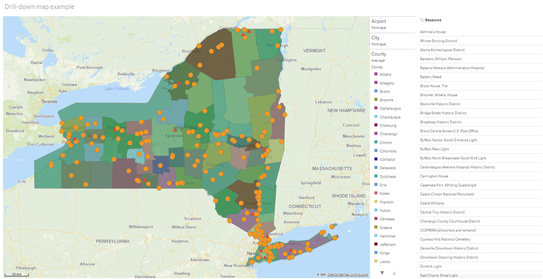 미국의 카운티와 도시 및 공항을 데이터 포인트로 표시하는 드릴다운 레이어가 있는 맵