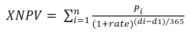XNPV 스크립트 함수에 대한 수식 이미지.