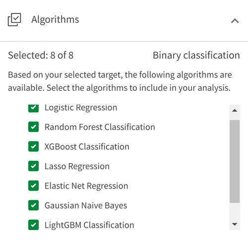 Sectie Algoritmen in het aanpassingsvenster van de AutoML-training