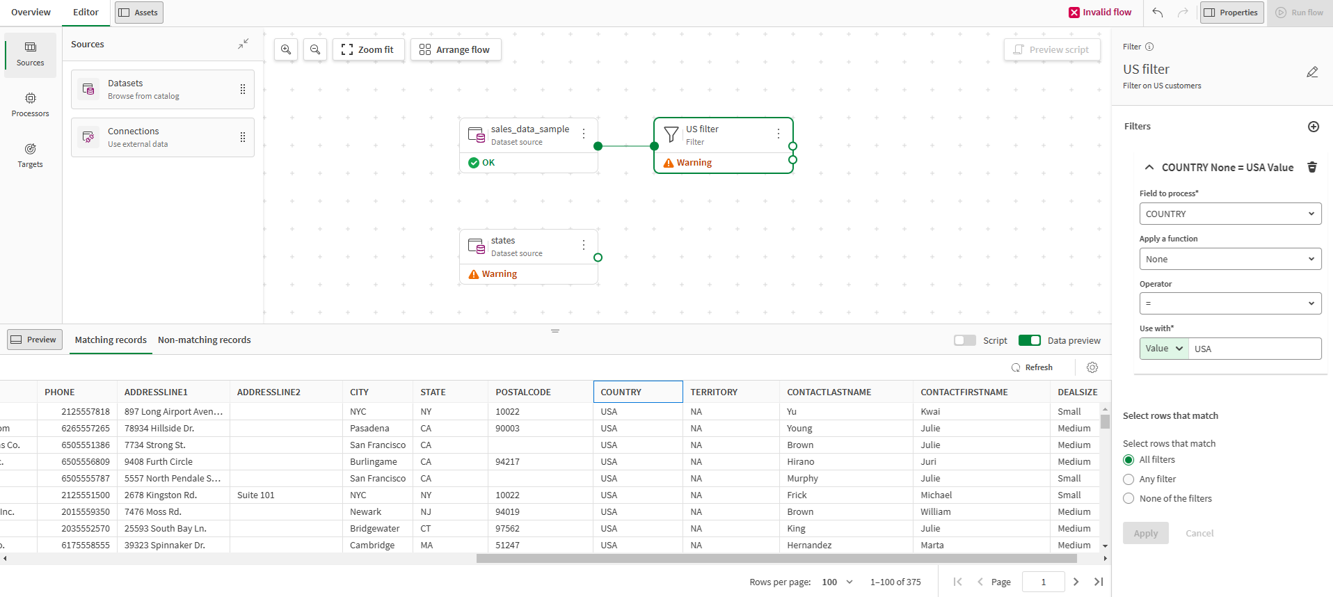 Gegevensstroom met de geconfigureerde Filter-processor