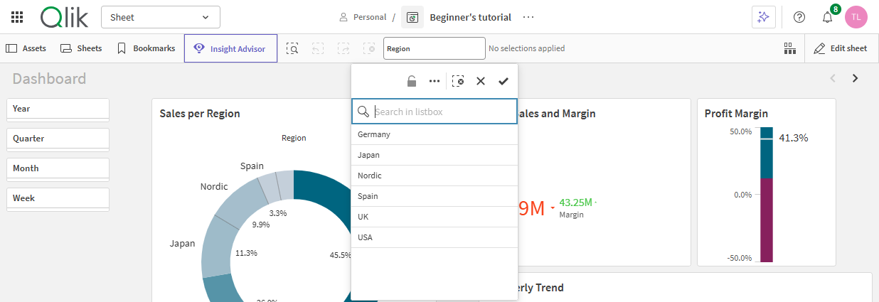 A sheet with the field Region added to the selection bar.