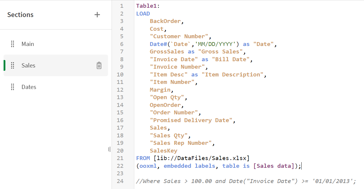 Venster Load-script met Where-opdracht uitgeschakeld.