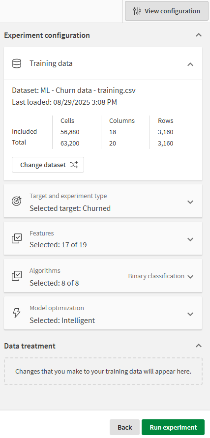 Uitgevouwen aanpassingsvenster in een ML-experiment