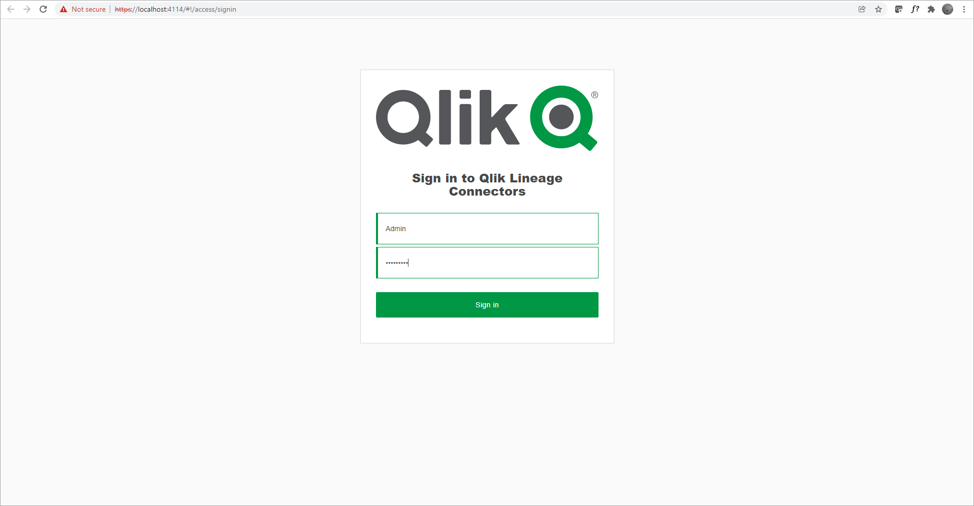 aanmelding op de Qlik Lineage Connectors-webpagina met beheerdersreferenties