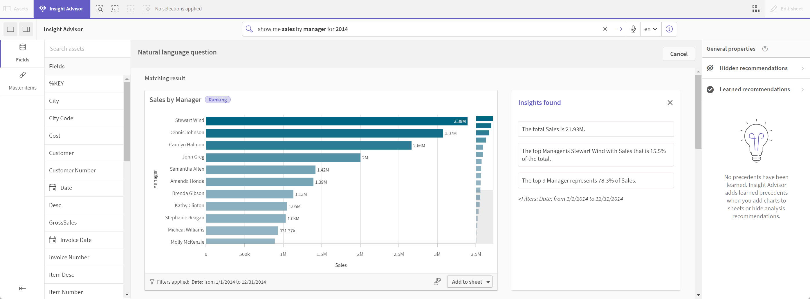 Overeenkomend resultaat van staafdiagram voor query 'sum(Sales) by Customer' dat drie contextuele inzichten bevat in de sectie 'Insight found'.