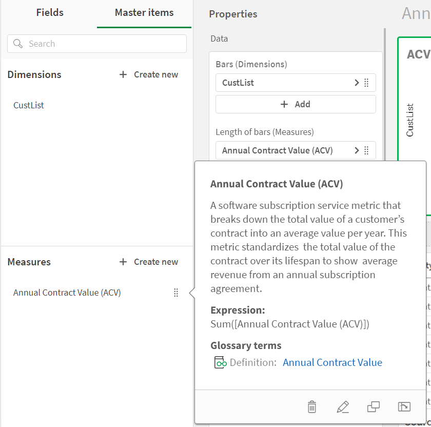 De mastermeting Annual Contract Value is geselecteerd, die de definitie toont voor Annual Contract Value van de termdefinitie in de woordenlijst.