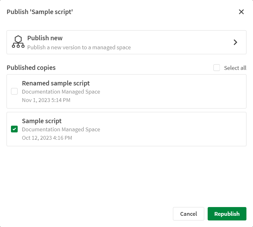 Dialoogvenster opnieuw publiceren voor het script Voorbeeldscript.