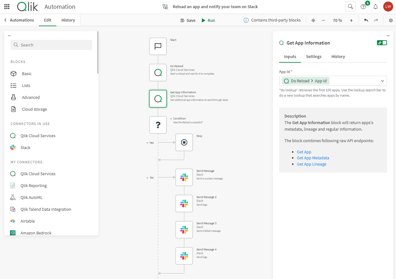 Qlik Application Automation editor section showing the edit screen and a simple input-output automation