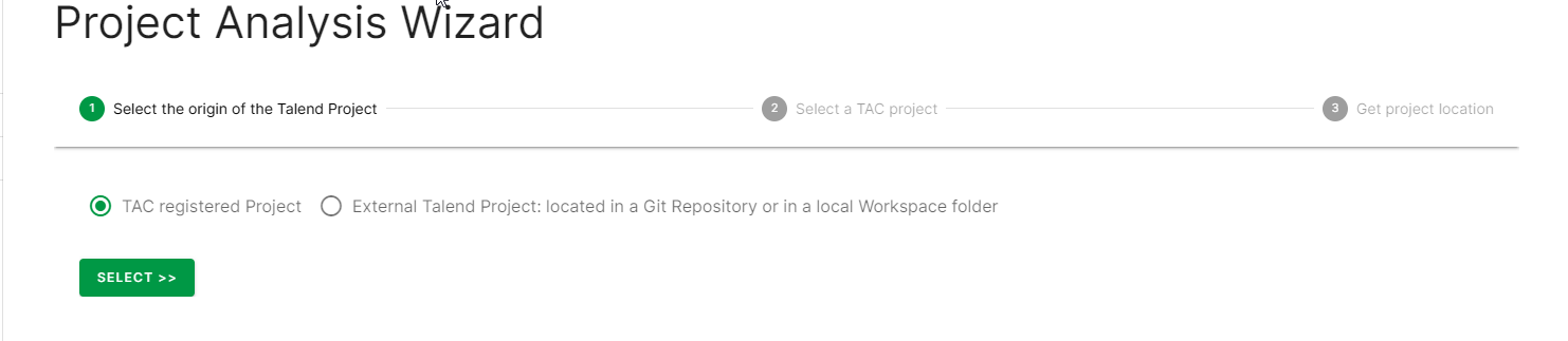 Eerste stap van de Wizard Projectanalyse, waar u de oorsprong selecteert van het Talend Project