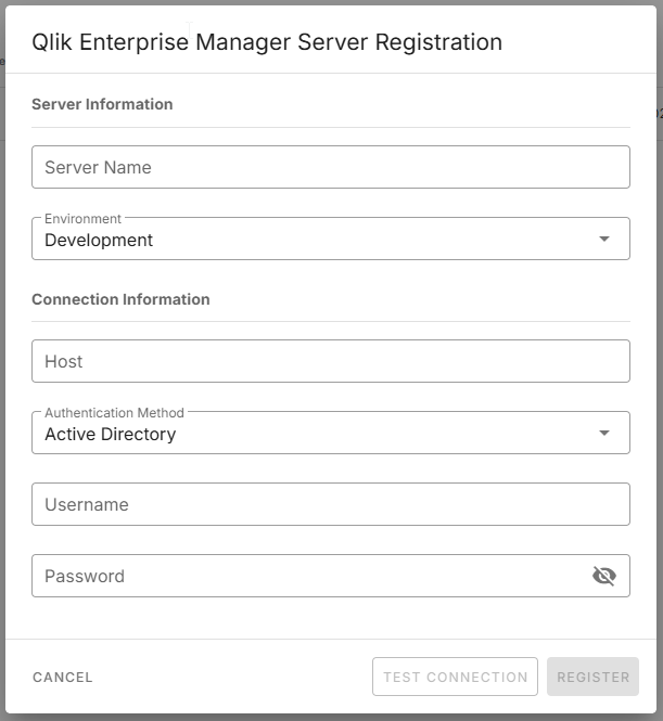 Qlik Enterprise Manager Serverregistratiepagina.