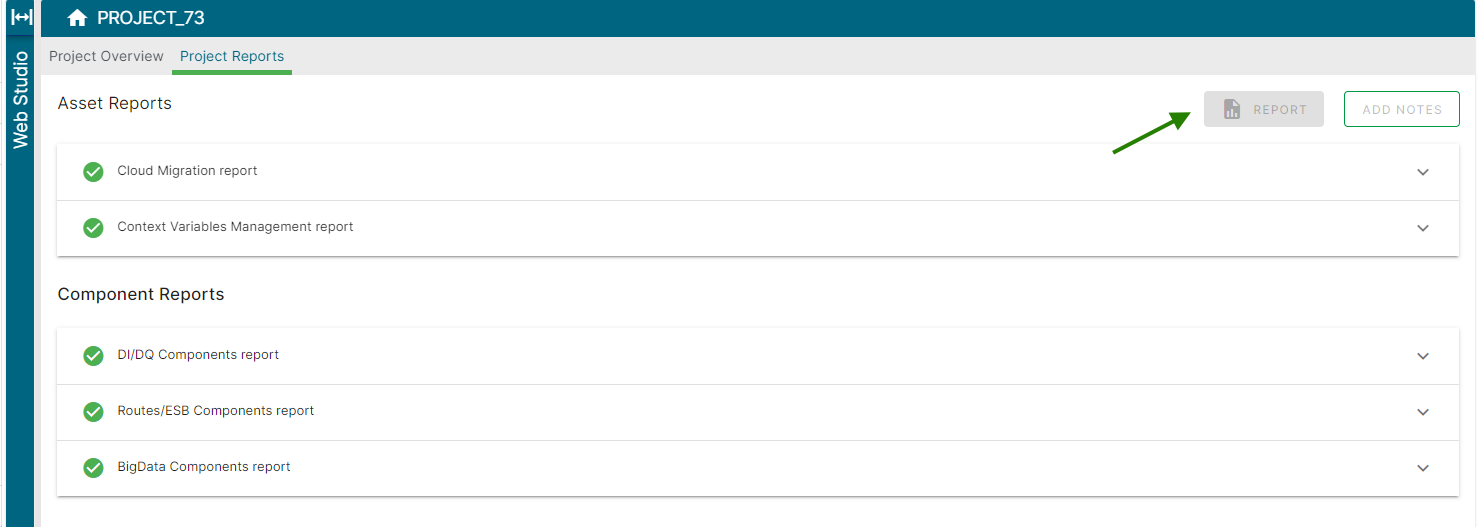 Projectrapportenpagina met de knop Rapport gemarkeerd