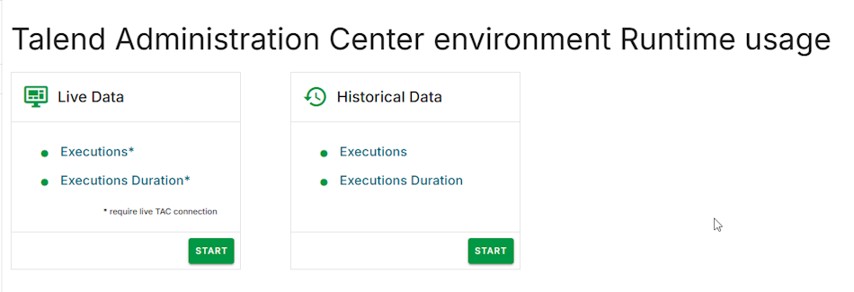 Submenu's van TAC Environment Runtime Usage.