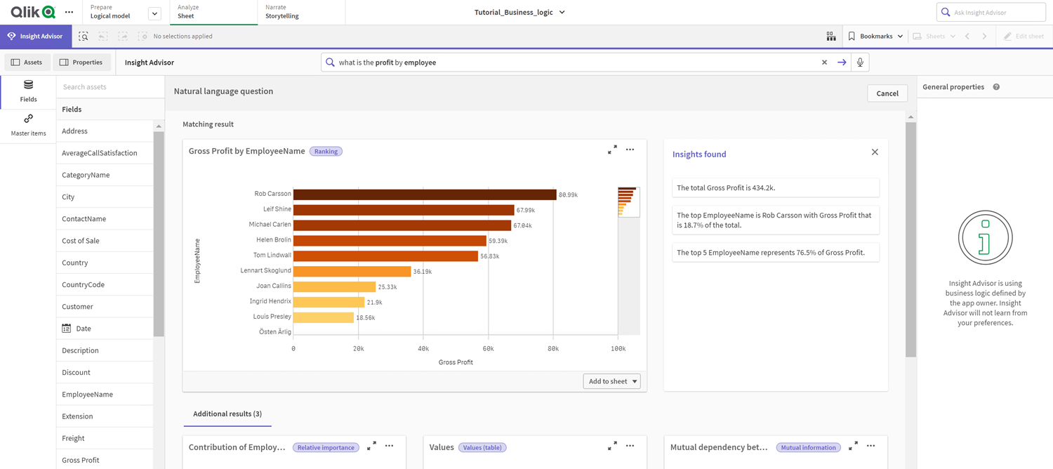 Click to view full size Profit by employee query results. A bar chart showing the sum of Gross Profit by EmployeeName is the matching result. Additional results are displayed. They show a Value table showing gross profit for each employee and a combo chart showing the contribution of employee name to gross profit.
