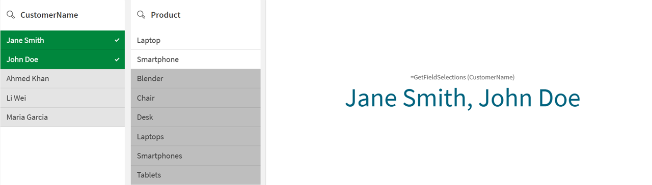 De KPI-resultaten laten zien welke namen geselecteerd zijn in het filter Customer Name.
