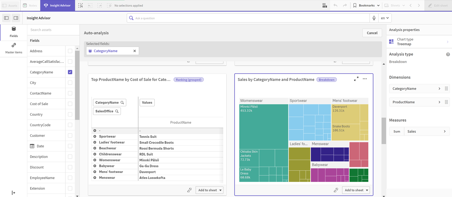 Wyniki funkcji Insight Advisor.