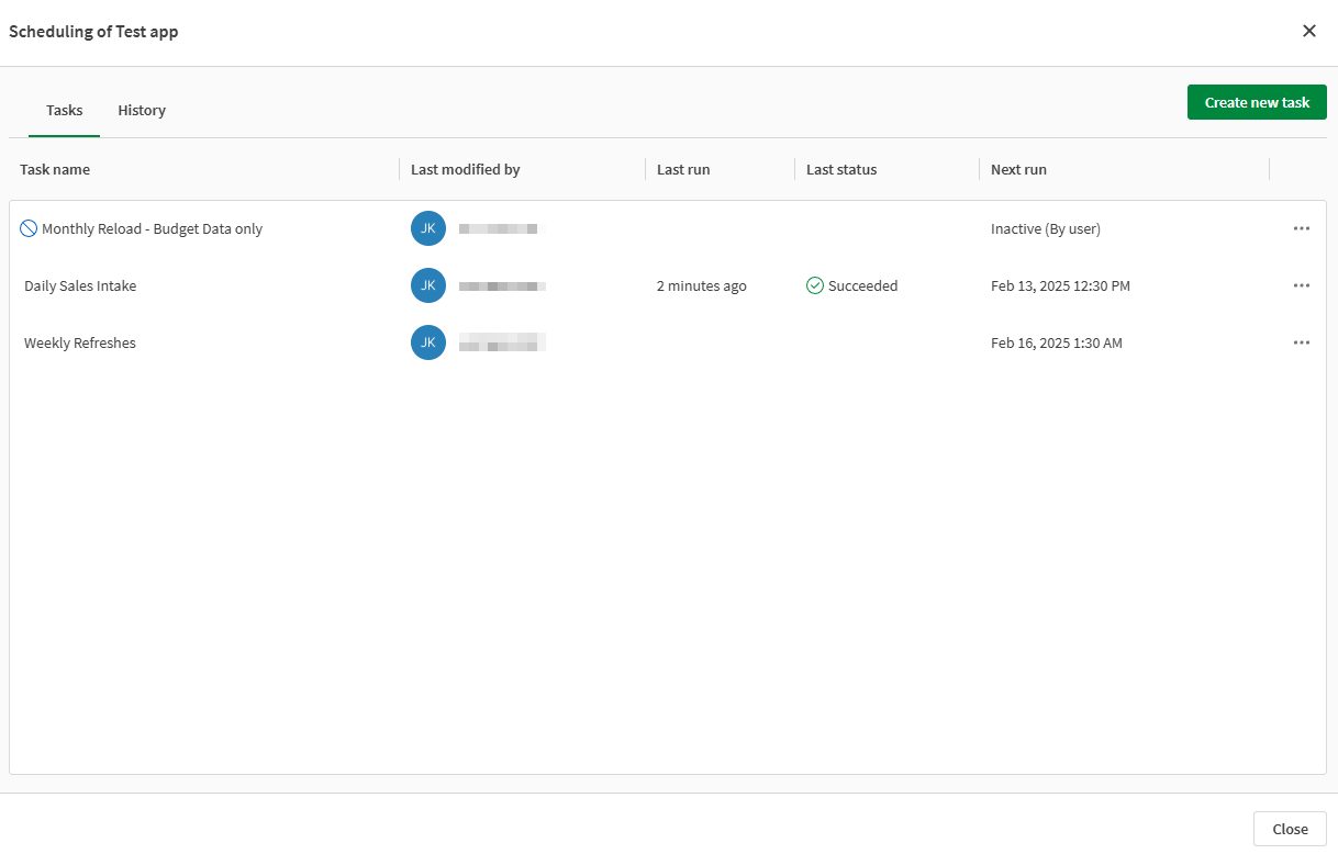 Okno dialogowe planowania pokazujące zadania związane z aplikacją