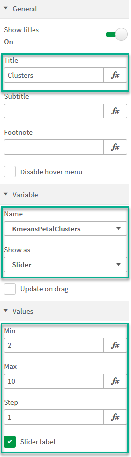 Appearance for clusters variable input box