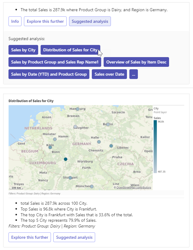 Interaktywna karta odpowiedzi w Microsoft Teams pokazująca, jak opcja „Proponowana analiza” może wygenerować nowe zalecenia dotyczące analizy w celu głębszej eksploracji danych