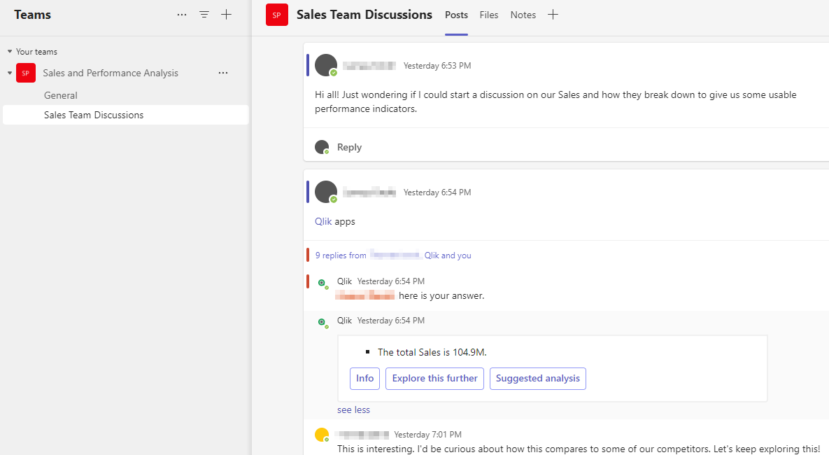 Przykład wykorzystania bota Qlik Microsoft Teams w kanale zespołu do grupowych interakcji z danymi