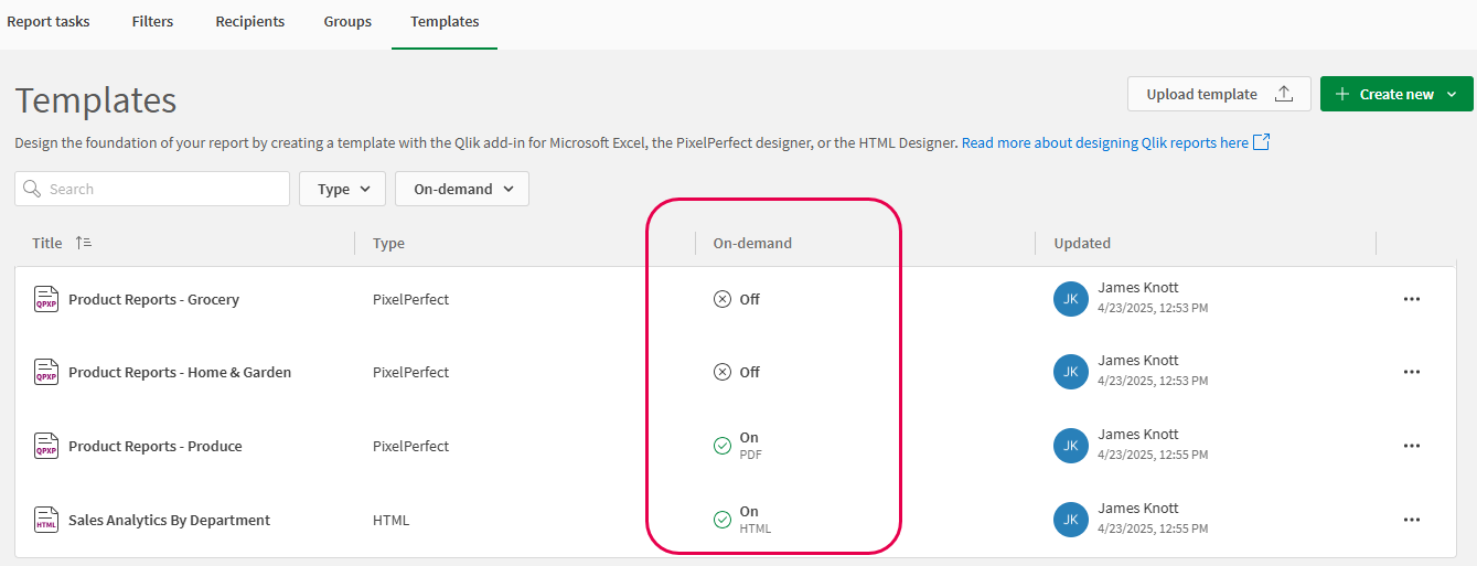 Kolumna „Na żądanie” na karcie „Szablony” w sekcji Raportowanie aplikacji Qlik Sense, pokazująca szablony z różnymi ustawieniami na żądanie (włączone i wyłączone)