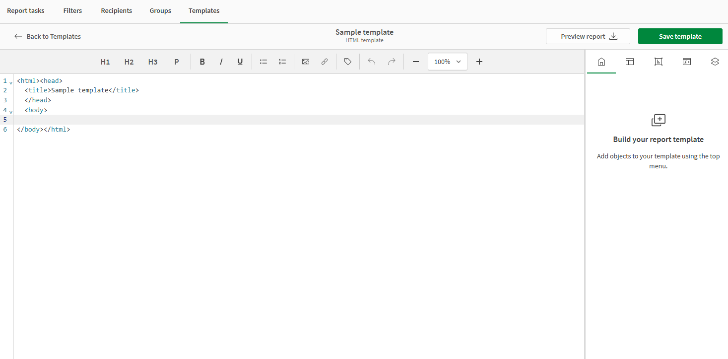 Obraz kreatora HTML, pokazujący wszystkie elementy, o których należy wspomnieć, takie jak powierzchnia projektowa, pasek narzędzi i panel obiektów.