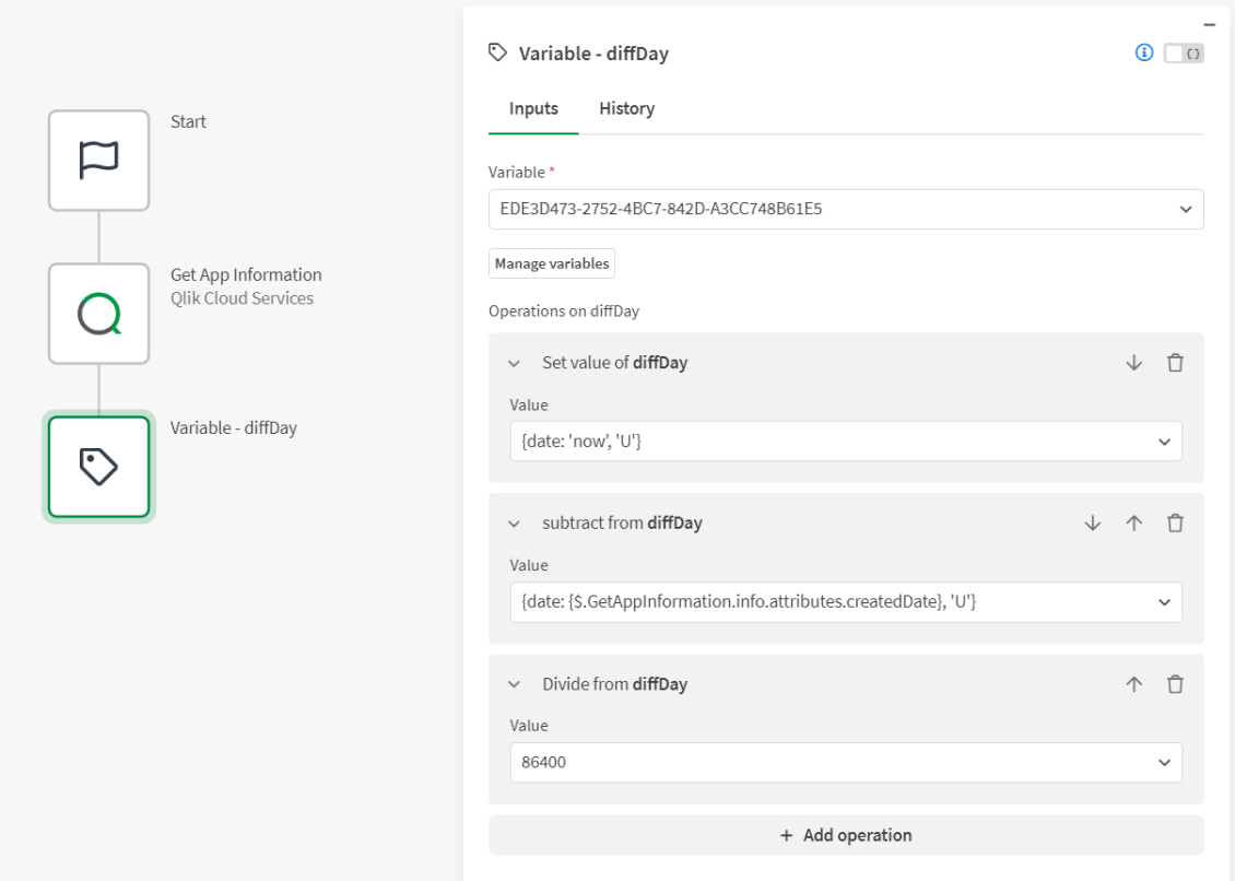 Simple automation showing a variable that calculates the difference of dates