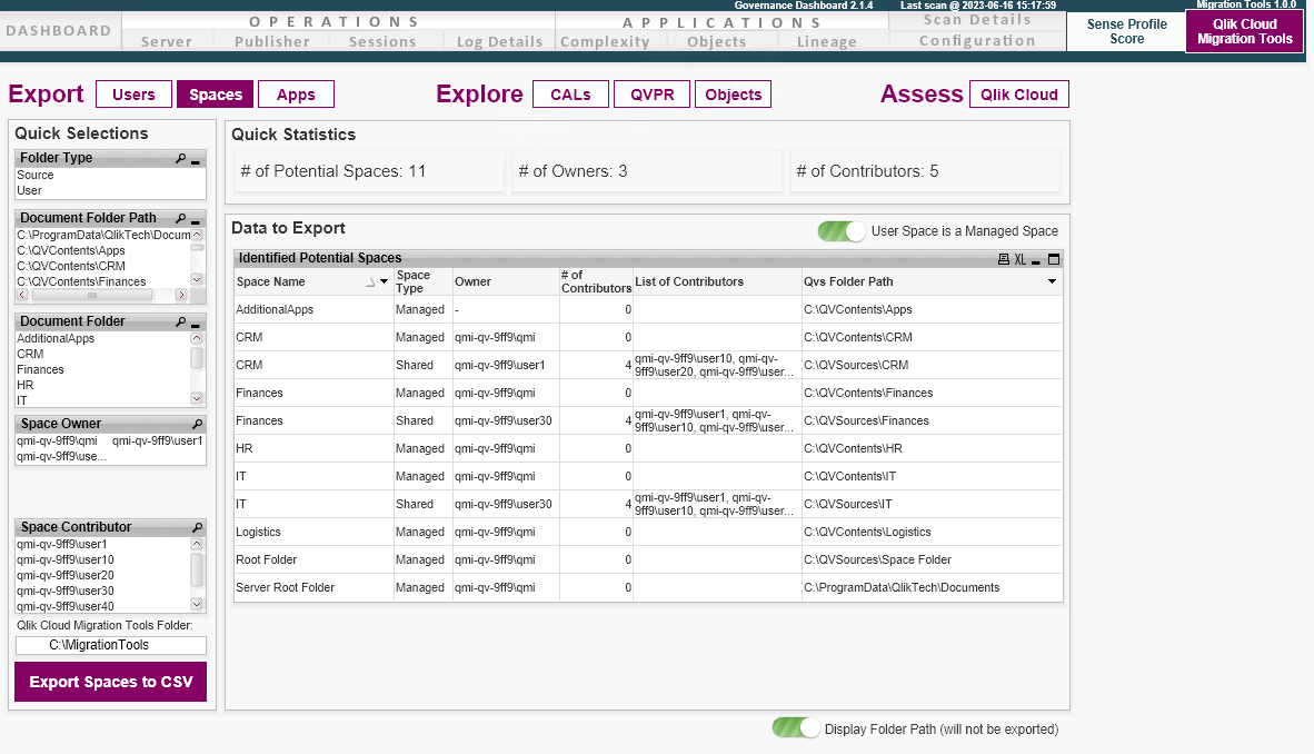 Karta Narzędzia migracji w aplikacji QlikView to SaaS Migration App, widok Eksportuj przestrzenie