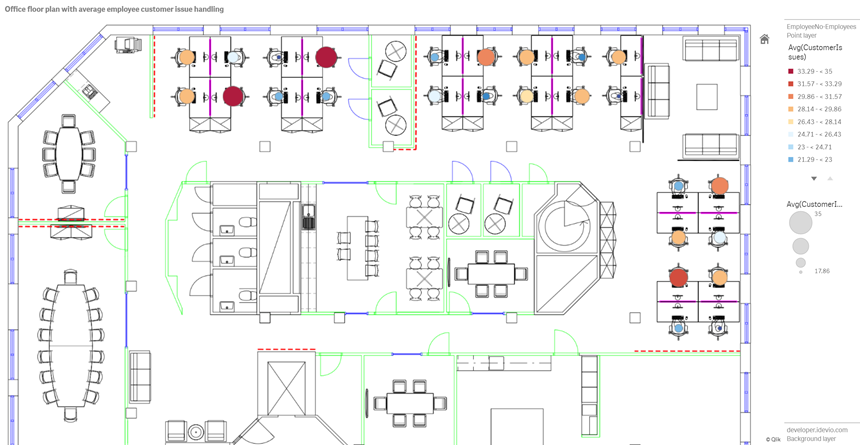 Przykład mapy z tłem w postaci grafiki planu piętra z warstwą punktów pokazujących pracowników, przy czym wielkość każdego pracownika jest zależna od liczby rozwiązanych przez niego problemów klientów