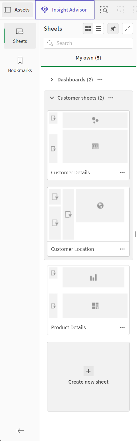 Click to view full size The assets panel open to Sheets. There are three groups, Dashboards, Customer sheets, and Product sheets. Customer sheets is open while the other two groups are collapsed.