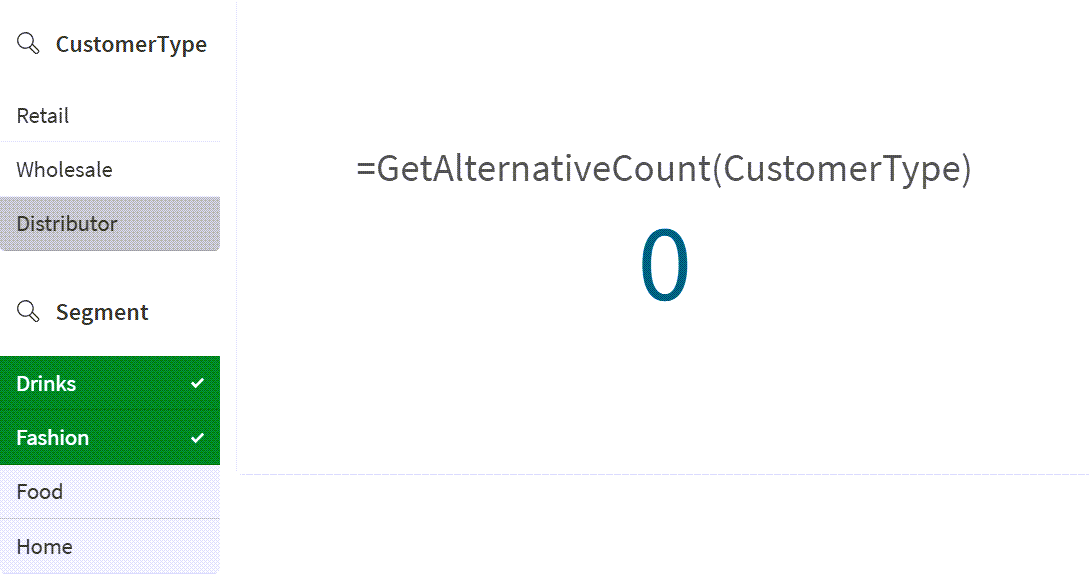 Wskaźnik KPI GetAlternativeCount zwraca 0, ponieważ w filtrze CustomerType nie wybrano żadnej wartości.