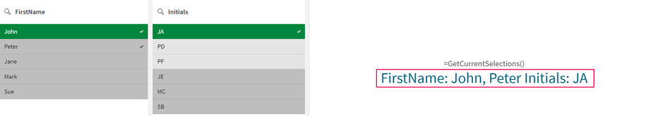 Funkcja GetCurrentSelection zwraca imiona John i Peter oraz inicjały JA.