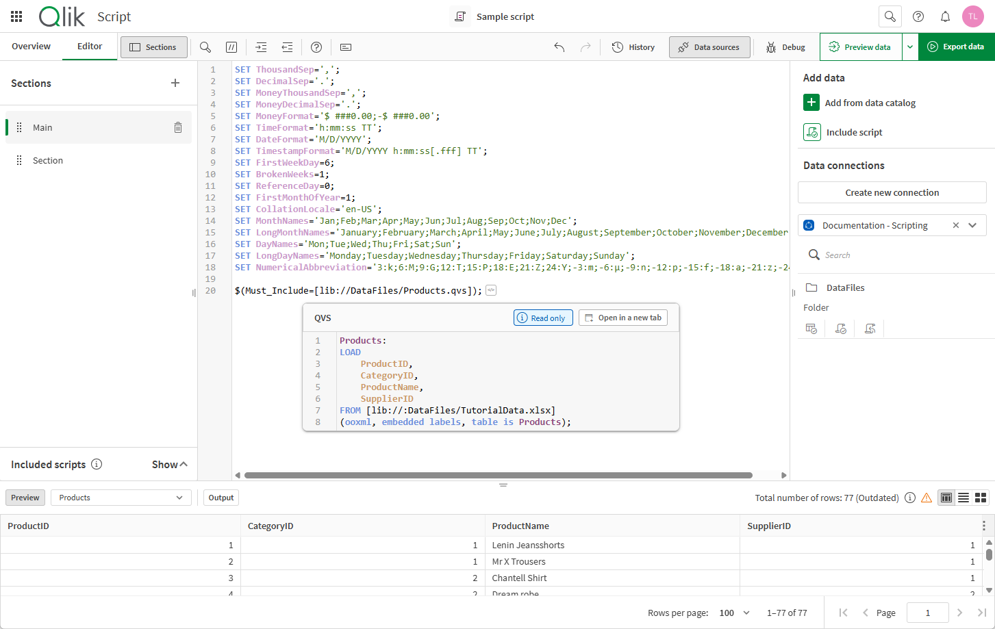 Clique para ver em tamanho grande Visualização de um script QVS inserido em Scripts incluídos.