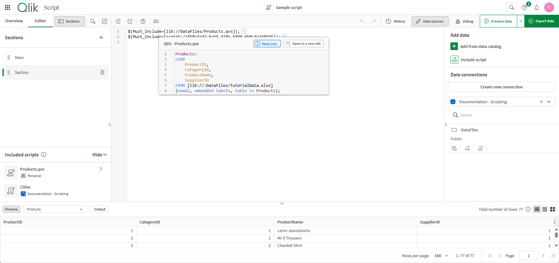 Visualização de um script QVS inserido no Editor de script.