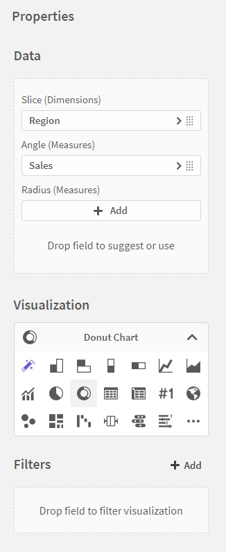 Painel de propriedades quando a visualização é selecionada.