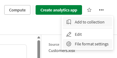 Menu para abrir as configurações de formato de arquivo do conjunto de dados