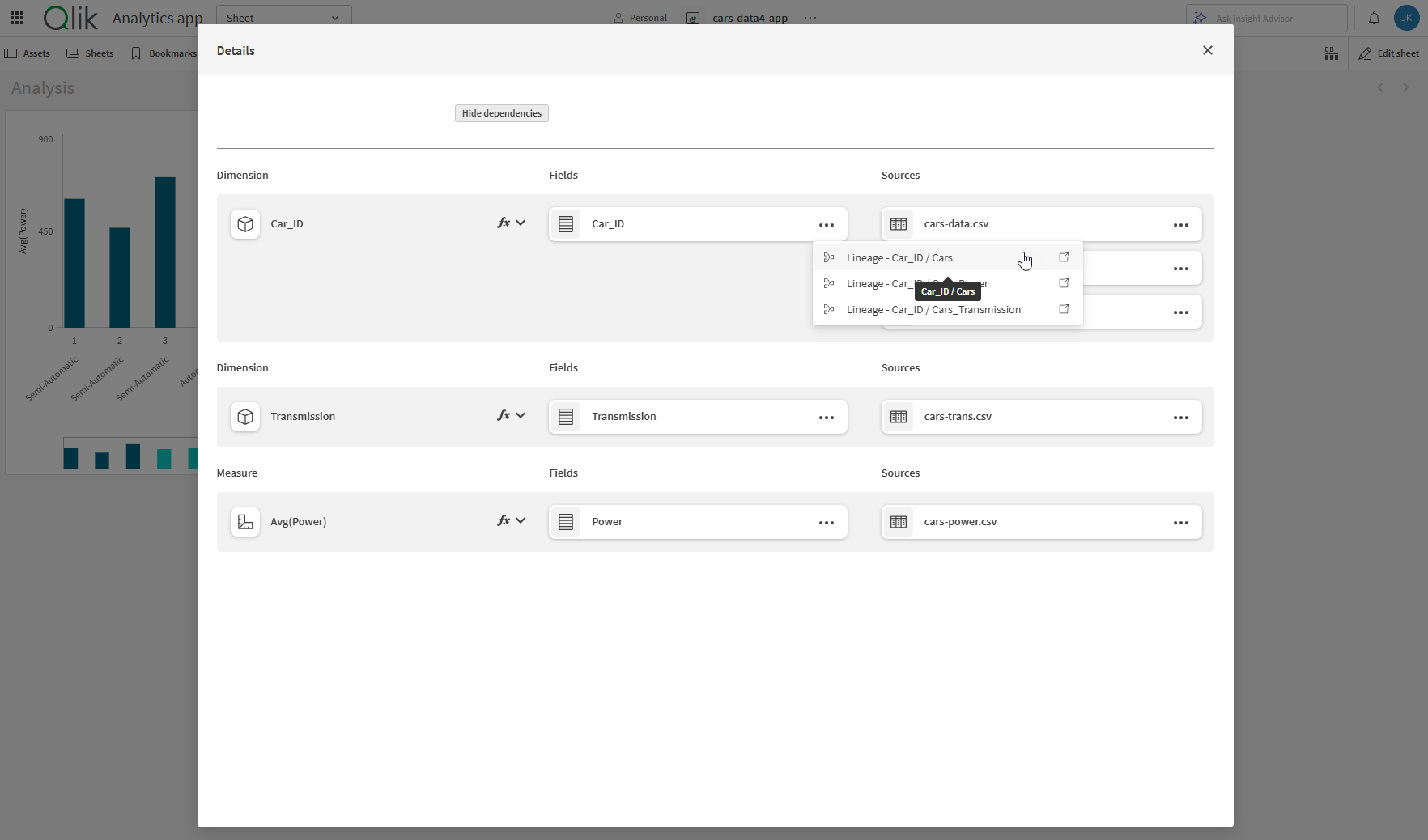 Selecione o menu e, em seguida, a opção de visualizar a linhagem de uma origem na exibição de resumo da linhagem do consumidor