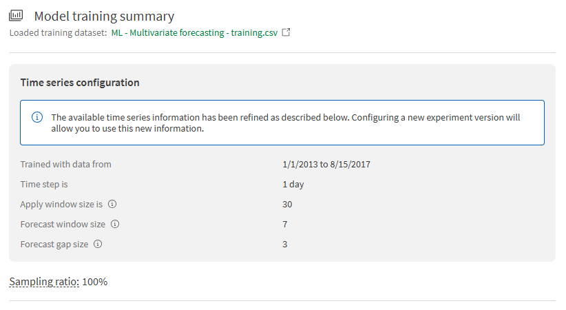 Seção de configuração de séries temporais no resumo de treinamento do modelo