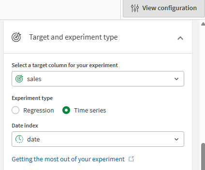 Clique para ver em tamanho grande Selecionando o tipo de experimento e o índice de datas para o experimento