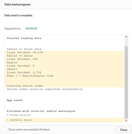 Janela de progresso do carregamento de dados com aviso de chave sintética.