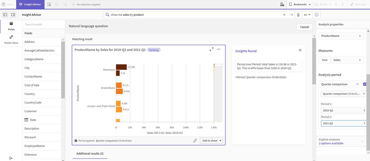 Gráfico de insights com o período do calendário de comparação Trimestre aplicado.