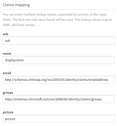 Seção de mapeamento de declarações do painel de configuração do IdP.