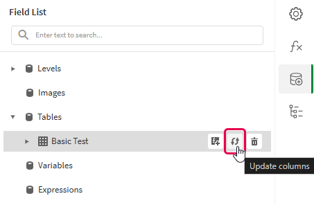 Clicando no ícone "Atualizar colunas" para atualizar uma vinculação de dados de tabela