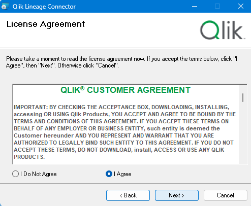 Revise o contrato de licença do Qlik Lineage Connectors + selecione Eu aceito para continuar a instalação