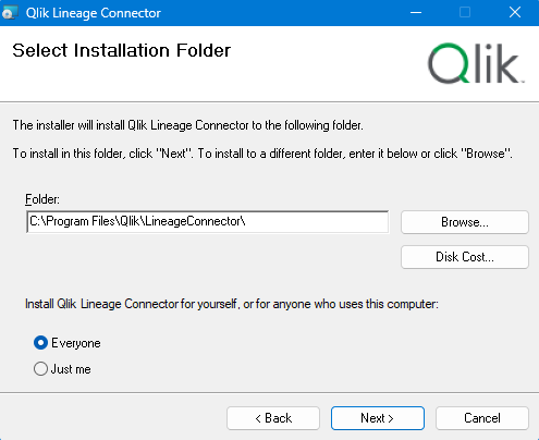 Selecione a pasta na qual deseja salvar o pacote de software Qlik Lineage Connector